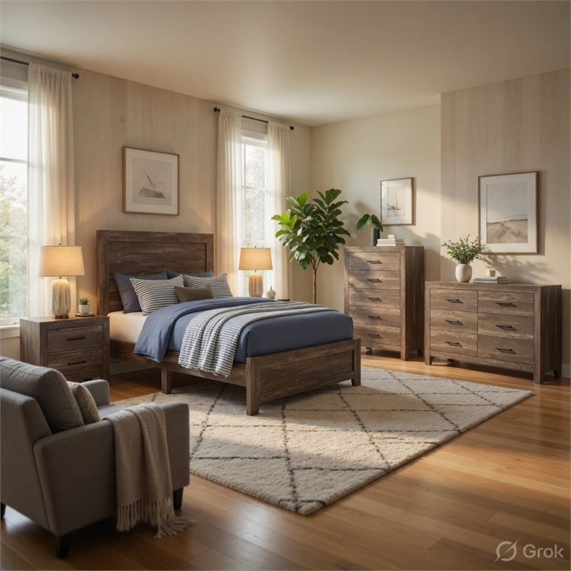 Pemberly Row 5pc Full Panel Bed Set with Dresser Mirror and Chest in Brown