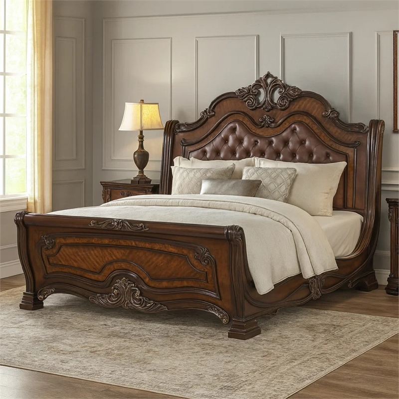 Pemberly Row King Bed with Faux Leather and Burl Inlays in Mahogany