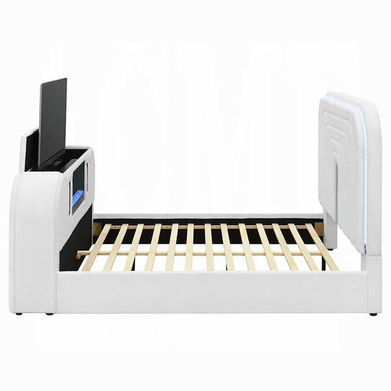 Pemberly Row Queen Bed with TV Lift LED Fireplace and Bluetooth in White