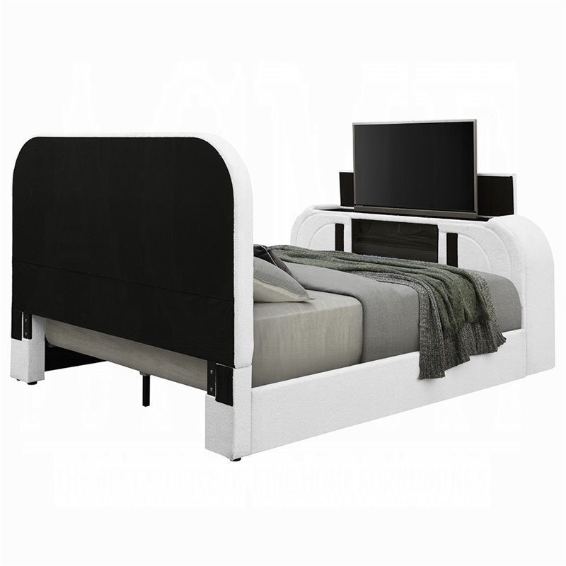 Pemberly Row Queen Bed with TV Lift LED Fireplace and Bluetooth in White