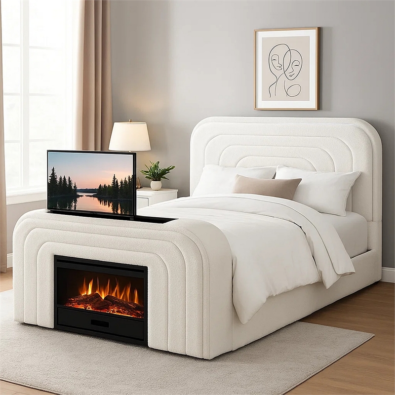 Pemberly Row Queen Bed with TV Lift LED Fireplace and Bluetooth in White