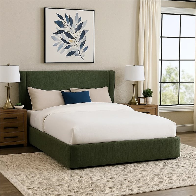 Pemberly Row Low Profile Full Bed with Wingback Headboard in Textured Green