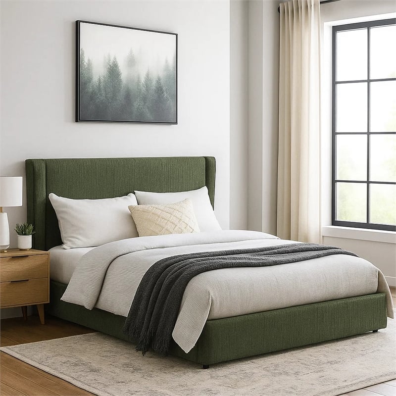 Pemberly Row Low Profile Full Bed with Wingback Headboard in Textured Green