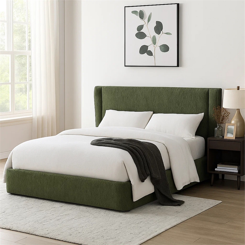 Pemberly Row Low Profile Queen Bed with Textured Green Wingback Headboard