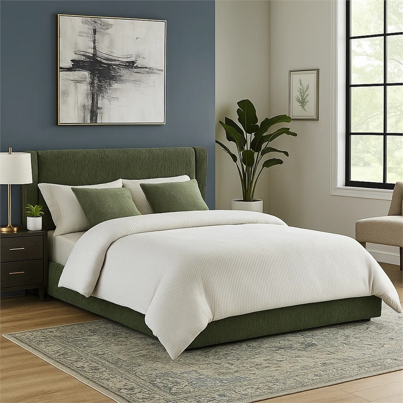 Pemberly Row Low Profile Queen Bed with Textured Green Wingback Headboard