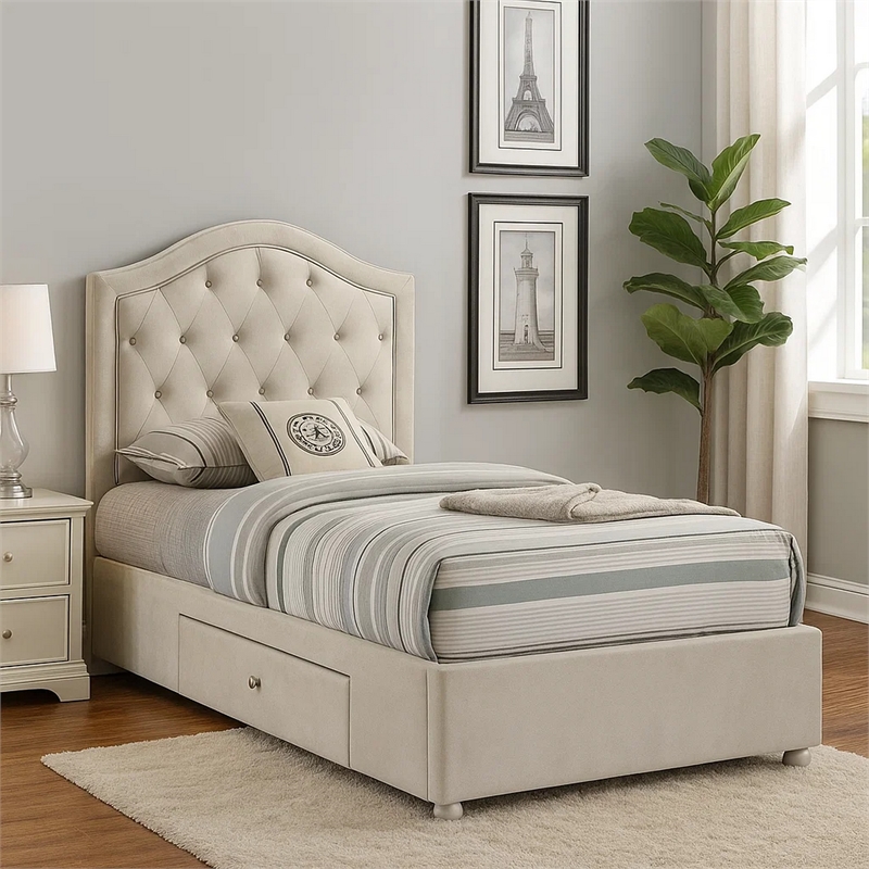 Pemberly Row Twin Storage Bed with Beige Button Tufted Arched Headboard