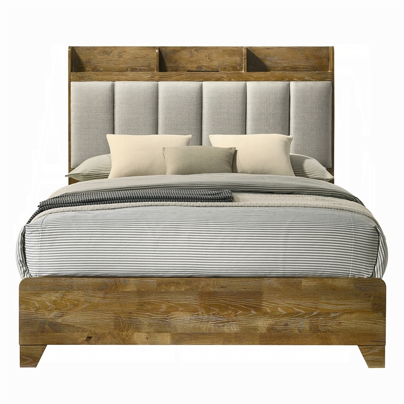 Pemberly Row Queen Bed with Tufted Headboard and USB Ports in Aspen Brown