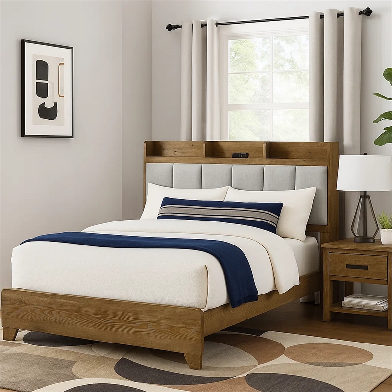 Pemberly Row Queen Bed with Tufted Headboard and USB Ports in Aspen Brown