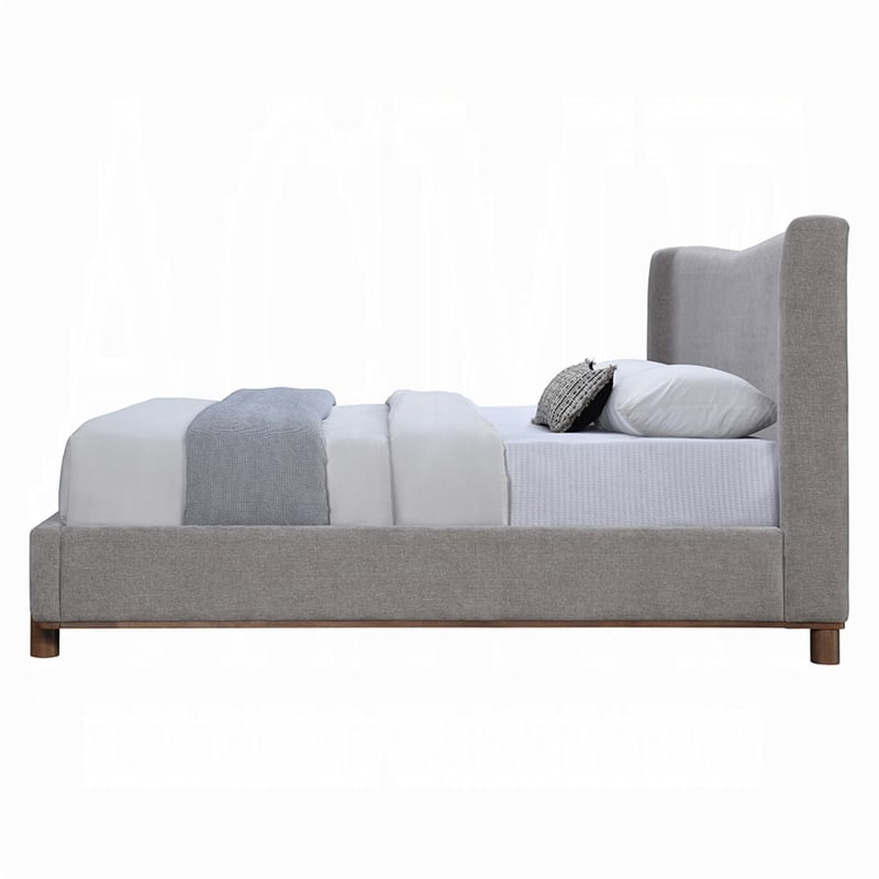 Pemberly Row Queen Platform Bed with Wingback Headboard in Gray Chenille