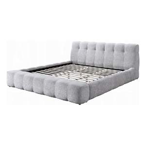 Pemberly Row Queen Platform Bed with Bench and Grid Tufted in Gray Chenille