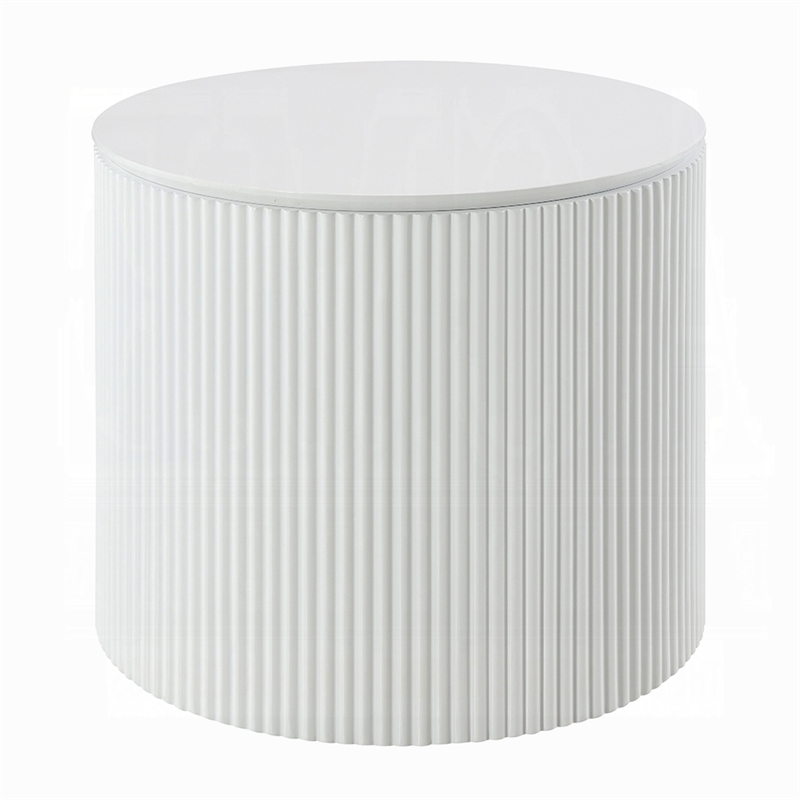 Pemberly Row Side Table with 22 Inch Round Top and Ribbed Base in White