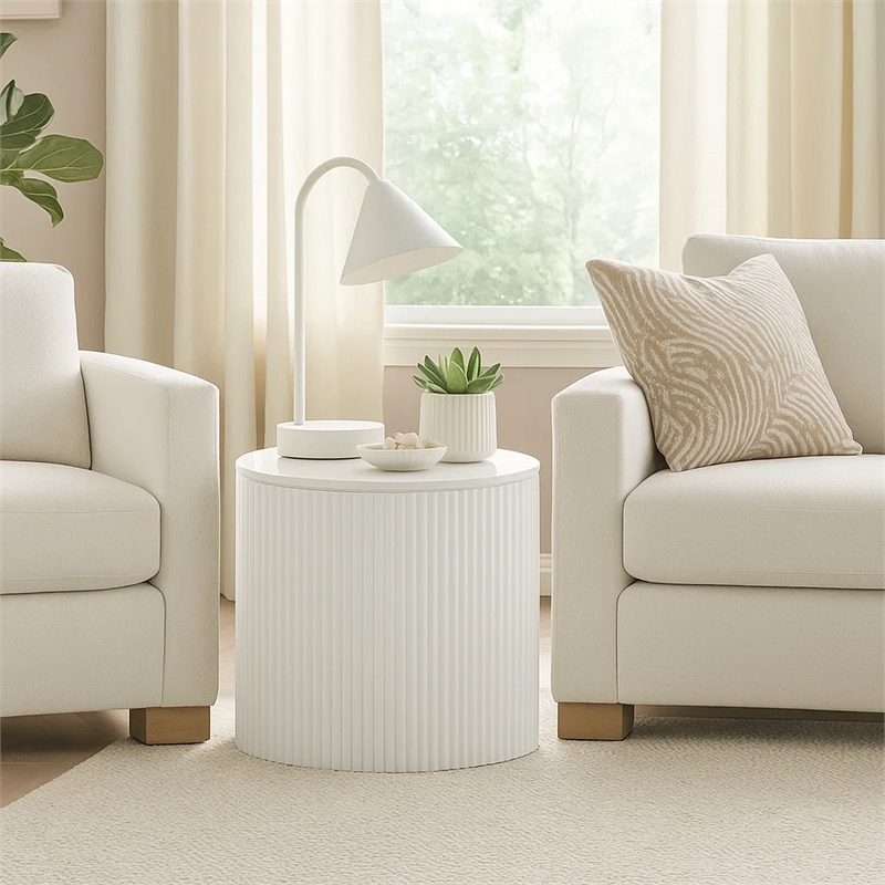 Pemberly Row Side Table with 22 Inch Round Top and Ribbed Base in White