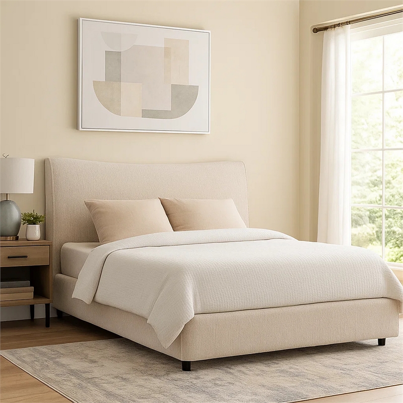 Pemberly Row Queen Bed with Beige Chenille Padded Low Profile Platform