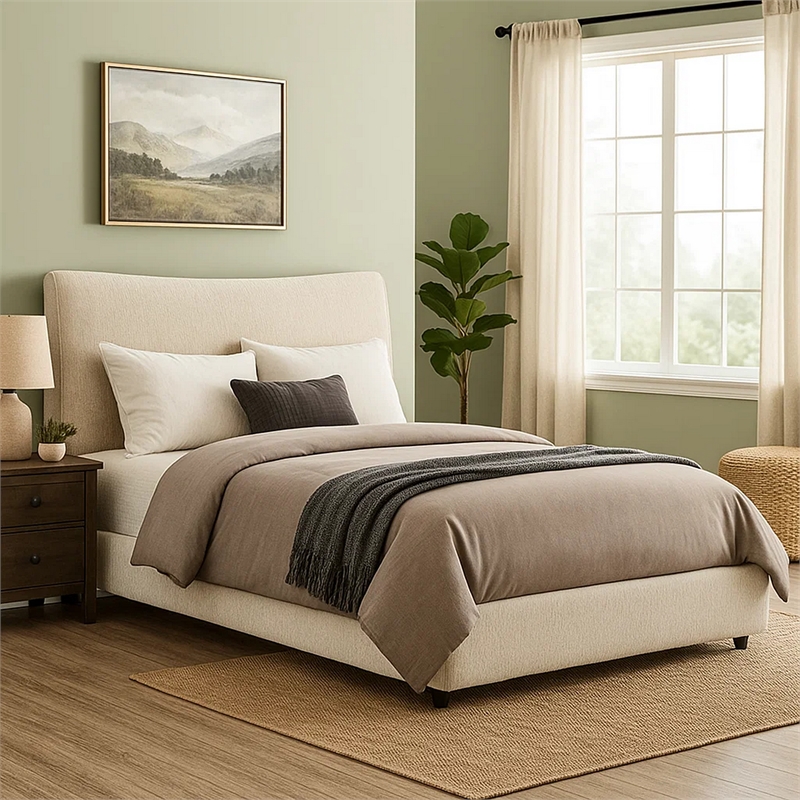 Pemberly Row Queen Bed with Beige Chenille Padded Low Profile Platform