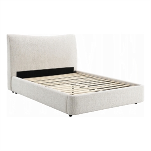 Pemberly Row Queen Bed with Beige Chenille Padded Low Profile Platform