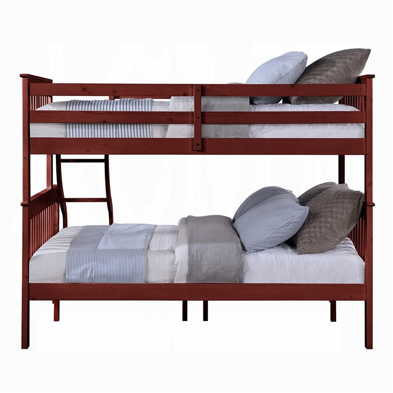 Pemberly Row Slatted Twin over Full Bunk Bed with Ladder in Cherry Brown