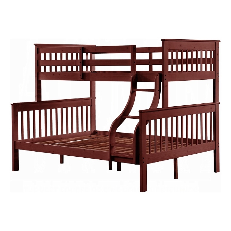 Pemberly Row Slatted Twin over Full Bunk Bed with Ladder in Cherry Brown