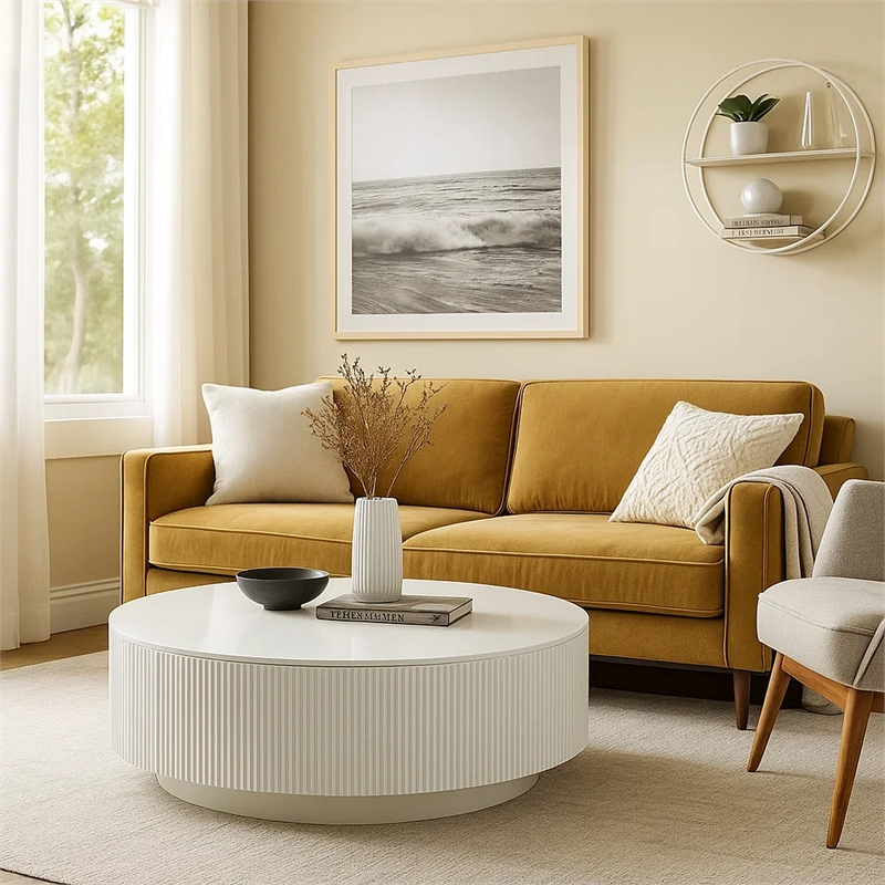 Pemberly Row Coffee Table with 47 Inch Round Top and Ribbed Base in White