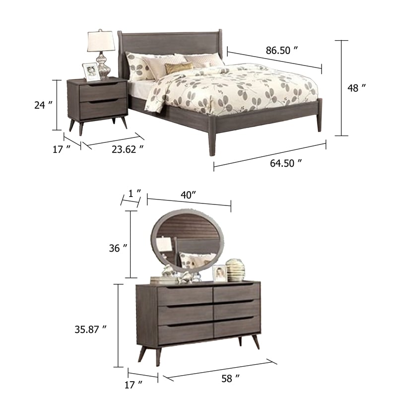 Pemberly Row 4pc Queen Set with Dresser and Oval Mirror in Gray Wood