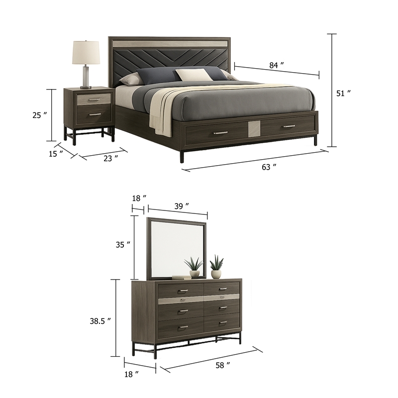 Pemberly Row 4pc Queen Set with Footboard Drawers in Gray Upholstery