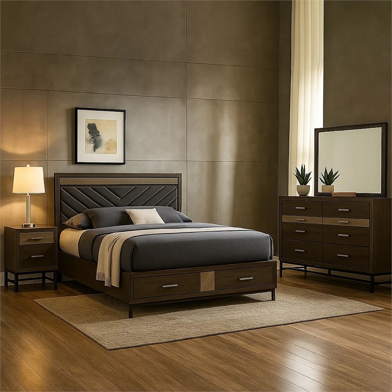 Pemberly Row 4pc Queen Set with Footboard Drawers in Gray Upholstery