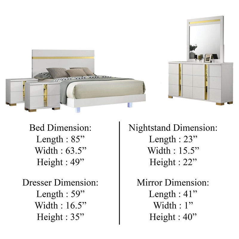 Pemberly Row 5pc Queen Set with LED and 2 Nightstands in White and Gold