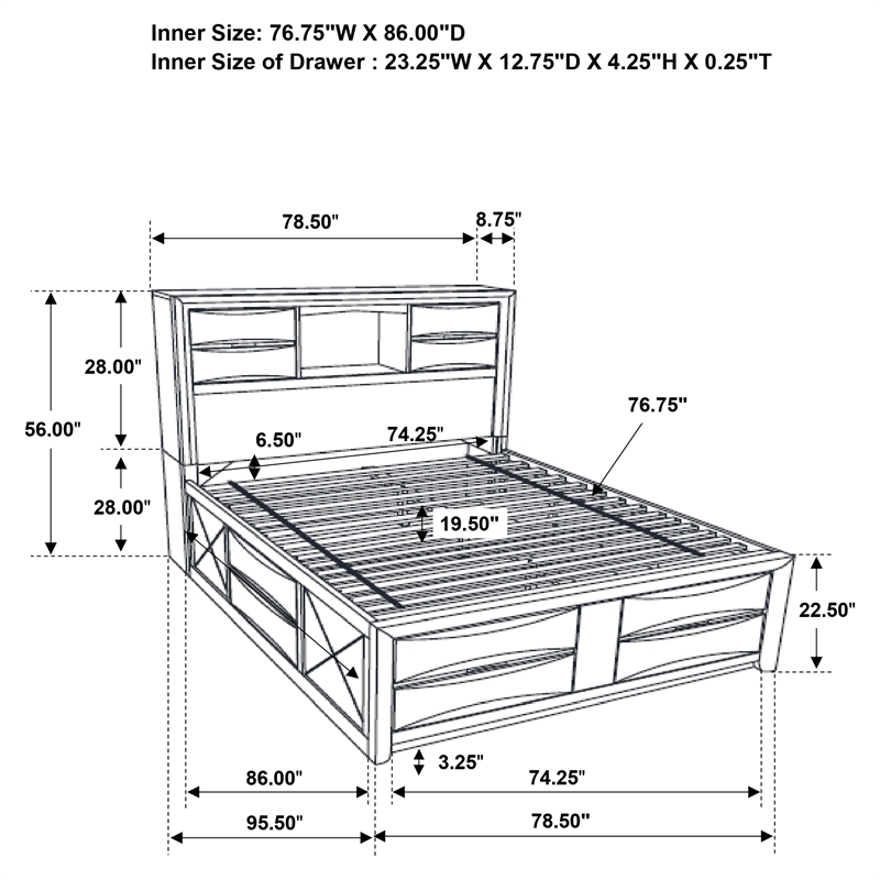 Pemberly Row California King Storage Bookcase Bed with Drawers in Black