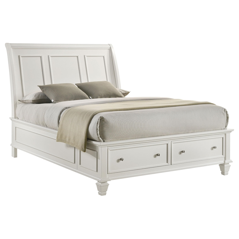 Pemberly Row Queen Storage Panel Bed with Carved Headboard in Cream White