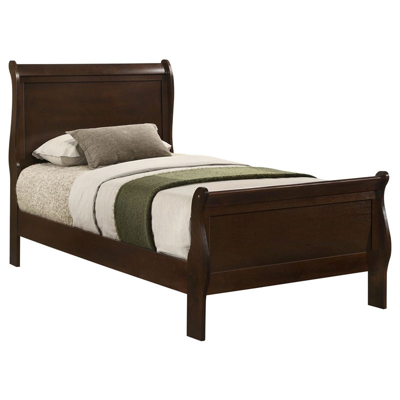 Pemberly Row Wood Twin Sleigh Bed with Curved Headboard in Cappuccino