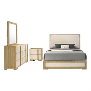 Pemberly Row 4 Piece Queen LED Bedroom Set in Natural and White