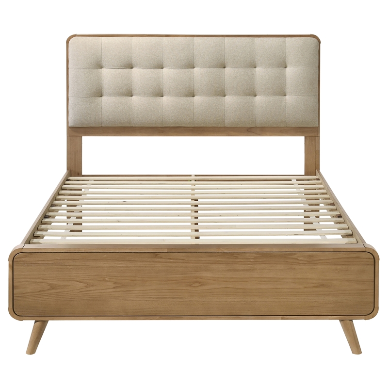 Pemberly Row Queen Platform Bed with Tufted Headboard in Light Ash