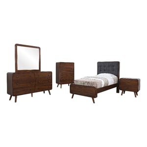 Pemberly Row 5 Piece Mid-Century Twin Bedroom Set in Dark Walnut