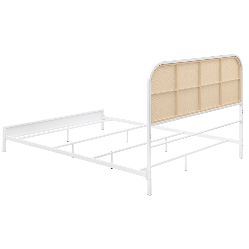 Pemberly Row Radio Weave Rattan Metal Queen Bed in Coastal White