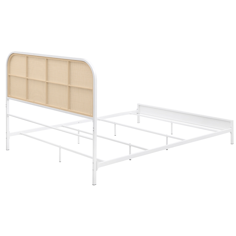 Pemberly Row Radio Weave Rattan Metal Queen Bed in Coastal White