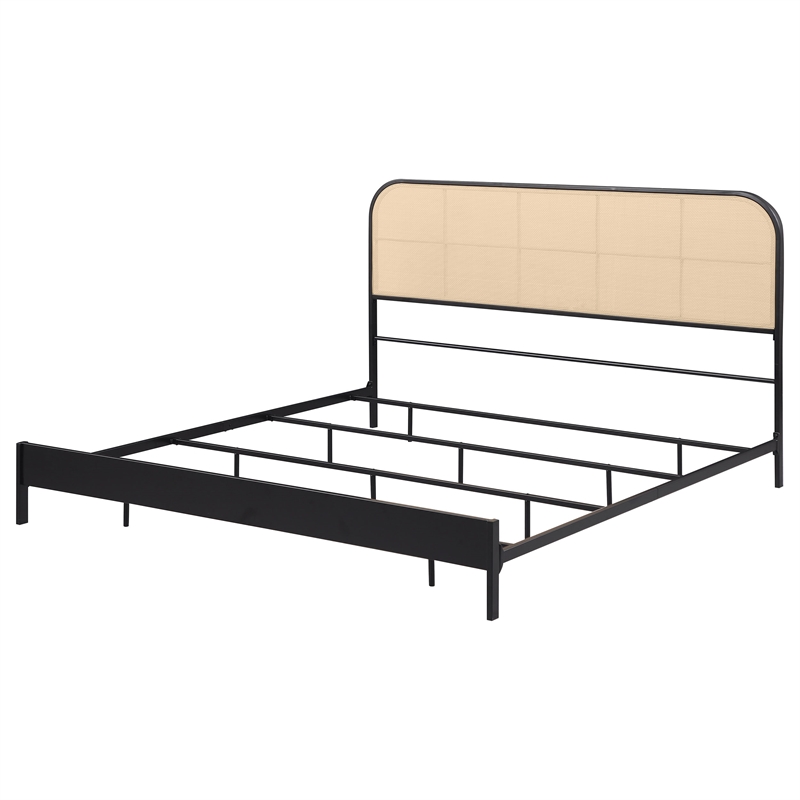 Pemberly Row Radio Weave Rattan Metal Eastern King Bed in Black