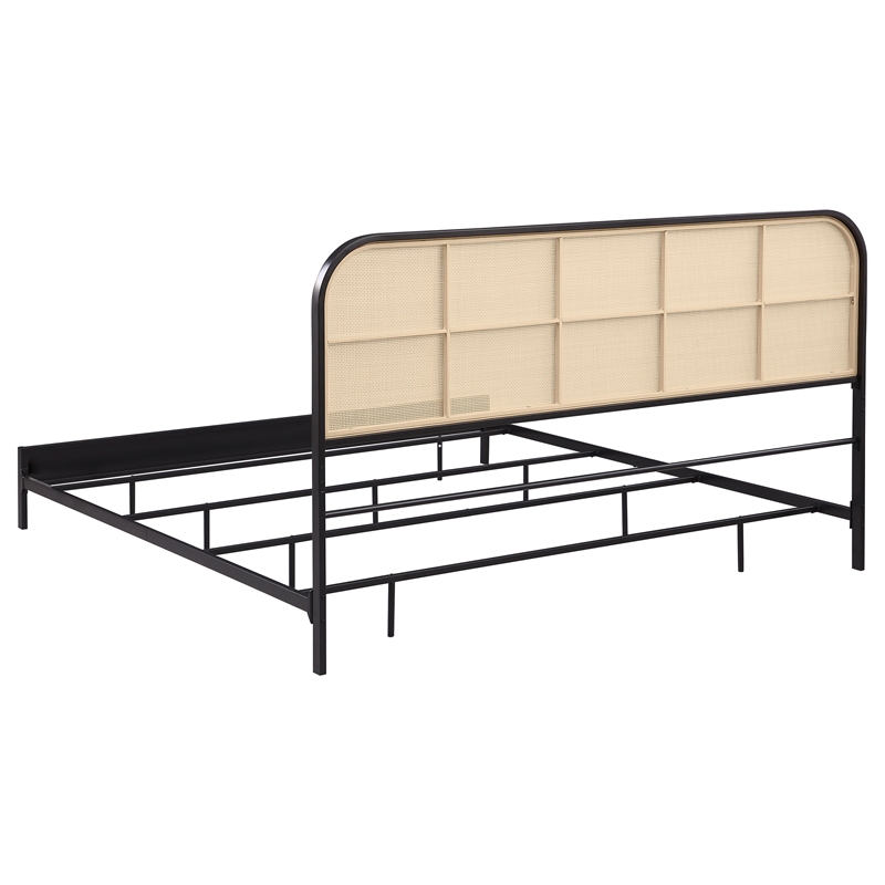 Pemberly Row Radio Weave Rattan Metal Eastern King Bed in Black