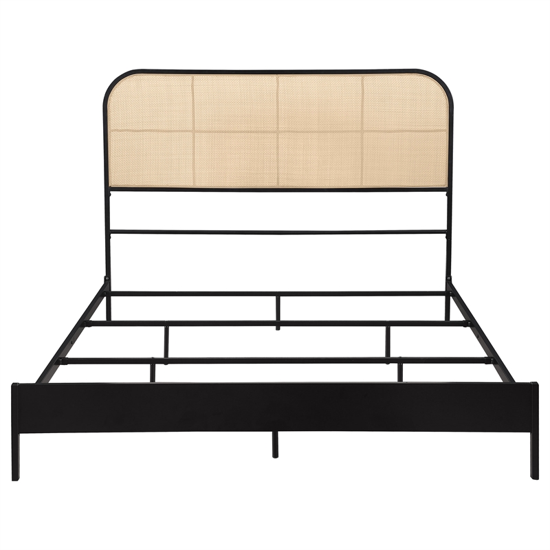 Pemberly Row Radio Weave Rattan Metal Queen Bed in Bold Black