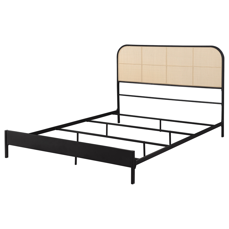 Pemberly Row Radio Weave Rattan Metal Queen Bed in Bold Black