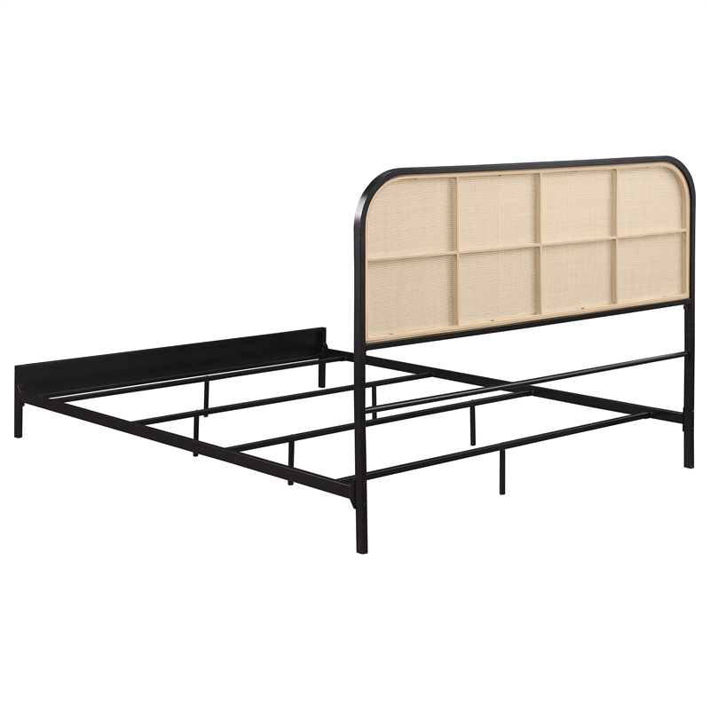 Pemberly Row Radio Weave Rattan Metal Queen Bed in Bold Black