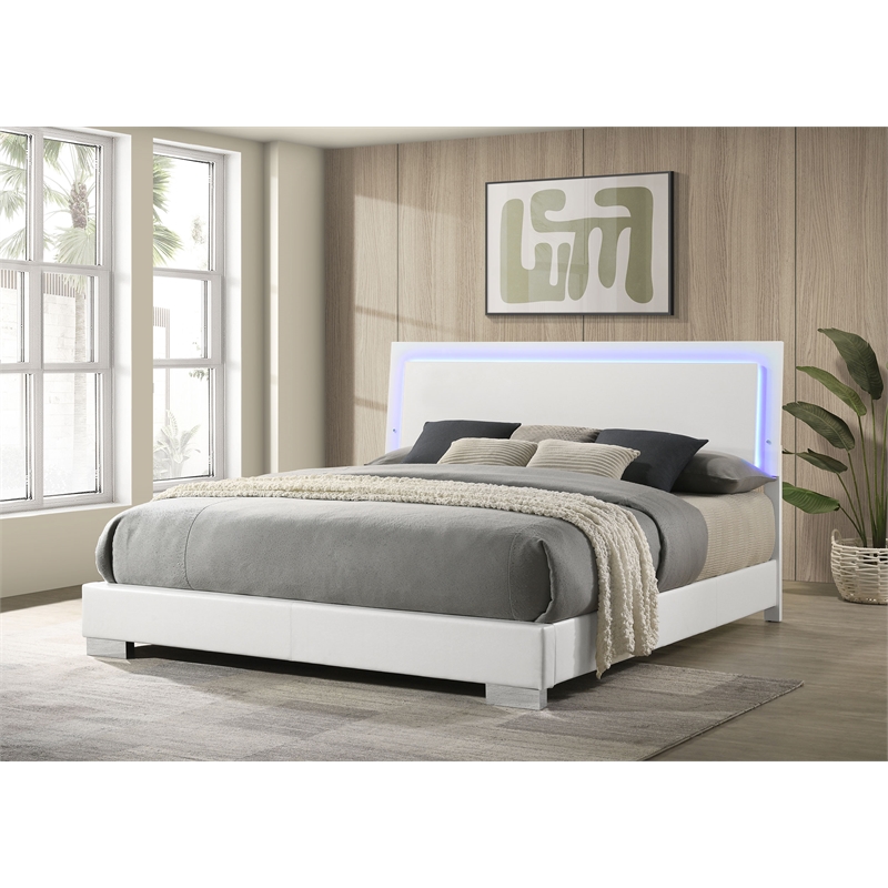 Pemberly Row Eastern King LED Bed with Touch Switch in White High Gloss