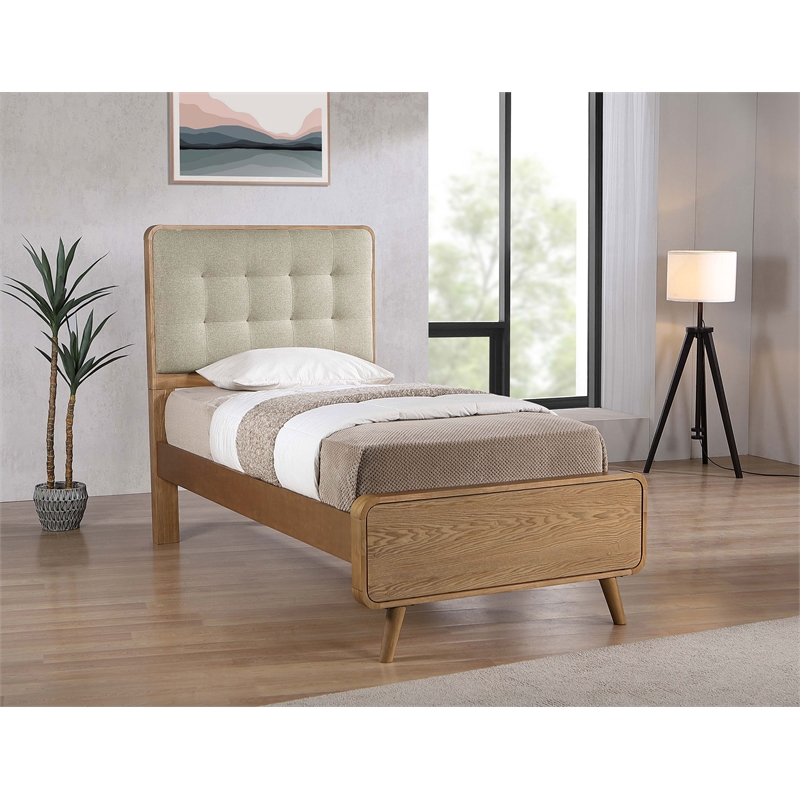 Pemberly Row Twin Platform Bed with Tufted Headboard in Light Ash