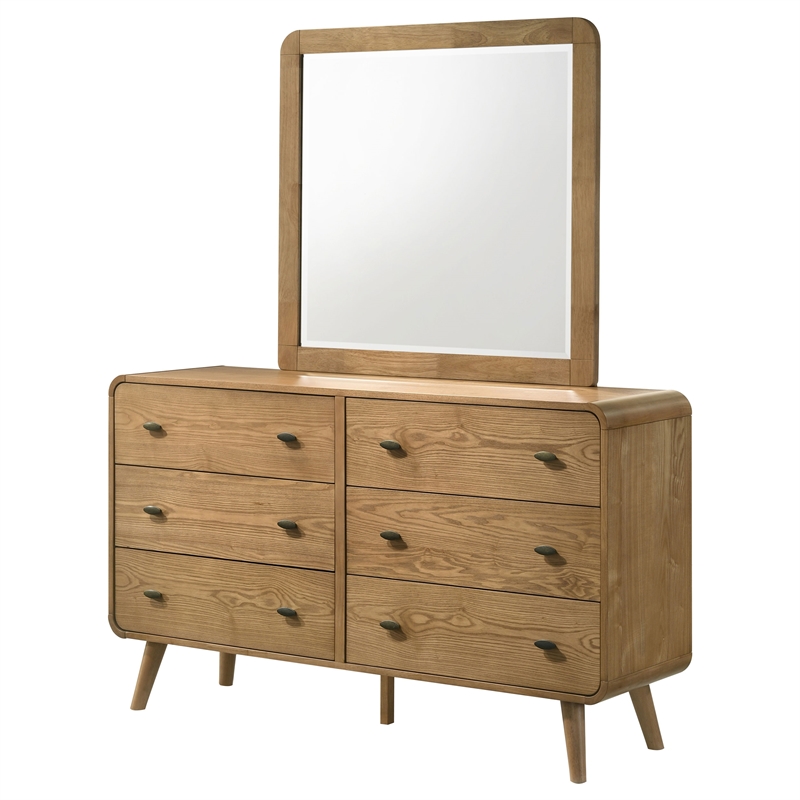 Pemberly Row 6 Drawer Mid-Century Dresser and Mirror in Light Ash