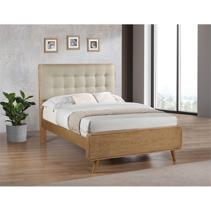 Pemberly Row Full Platform Bed with Tufted Headboard in Light Ash