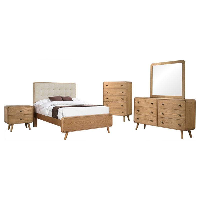 Pemberly Row 5 Piece Mid-Century Full Bedroom Set in Light Ash