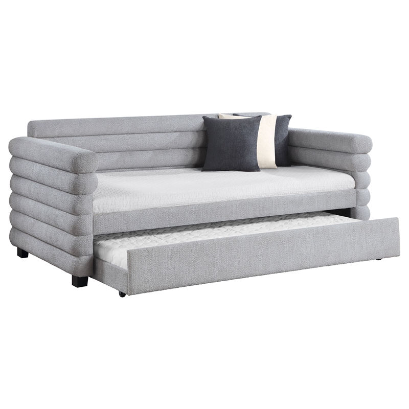 Pemberly Row Boucle Upholstered Twin Day Bed with Trundle in Grey