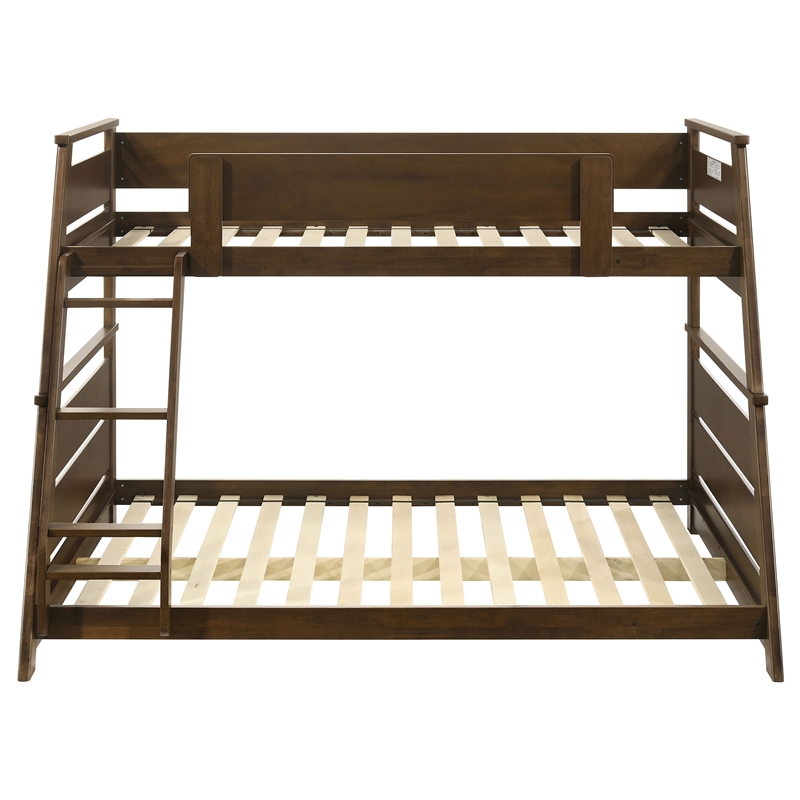 Pemberly Row Wood Veneer Twin Over Full Bunk Bed with Slat Kit in Walnut
