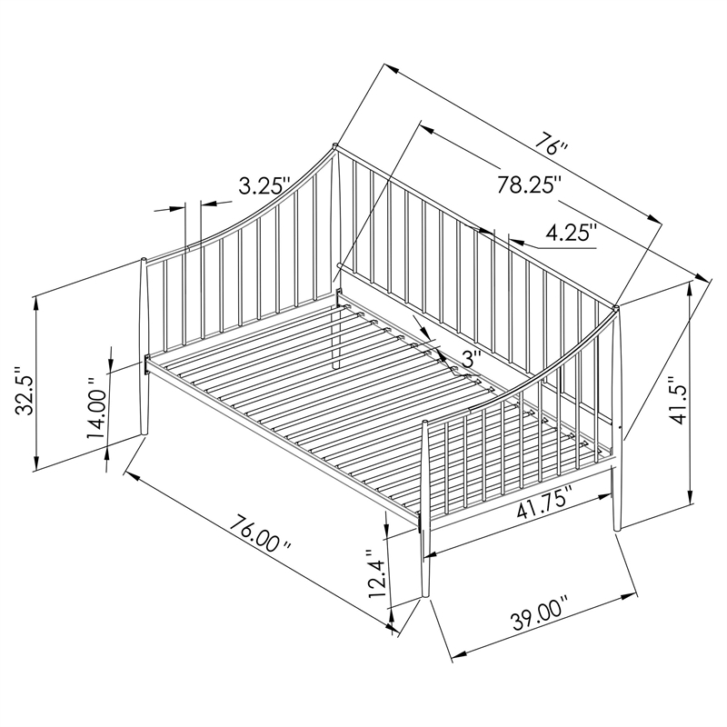Pemberly Row Metal Twin Daybed Frame with Slatted Platform in Matte Black