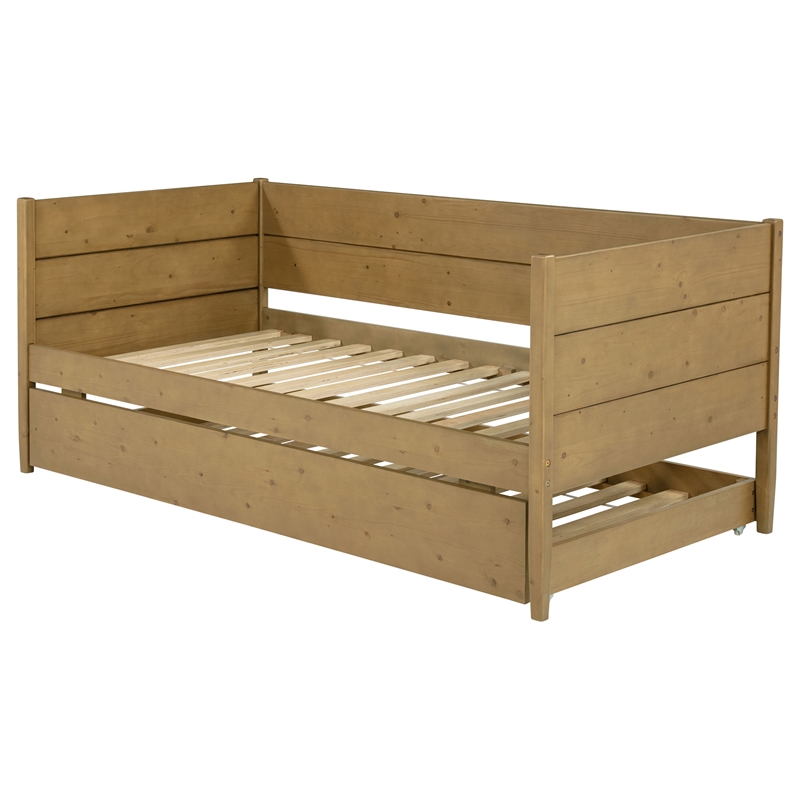 Pemberly Row Transitional Wood Twin Panel Daybed with Trundle in Natural