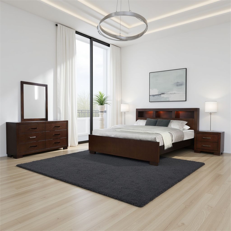 Pemberly Row 4-Piece Queen Bedroom Set with Bookcase Bed in Dark Brown