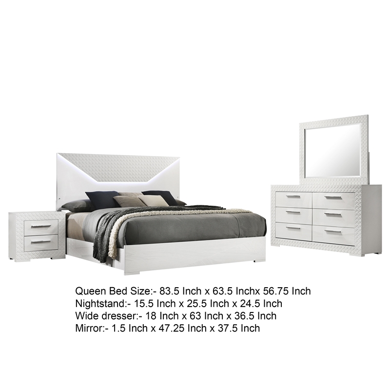 Pemberly Row 4-Piece Queen LED Bedroom Set in White High Gloss